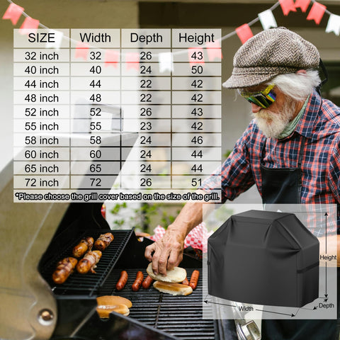 Man grilling with size chart overlay, featuring 52 Inch Heavy Duty Grill Cover For Outdoor BBQ Gas Grills, Waterproof, UV Resistant