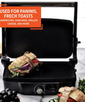 Imusa Electric Panini Press Griddle With Non Stick Cast Aluminum Plates Adjustable Thermostat Control For Gourmet Sandwiches And Toasts Compact Design 1200 Watt Power Heating Element Ideal For Busy Kitchens with sandwich ready for grilling