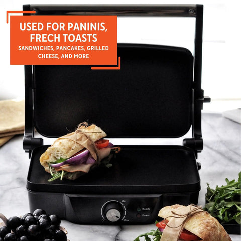 Imusa Electric Panini Press Griddle With Non Stick Cast Aluminum Plates Adjustable Thermostat Control For Gourmet Sandwiches And Toasts Compact Design 1200 Watt Power Heating Element Ideal For Busy Kitchens with sandwich ready for grilling