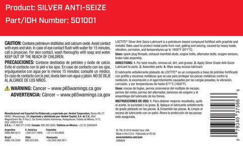 Silver Grade Anti Seize Lubricant For High Temperature Assemblies With Graphite And Metal Flake From Loctite product label.