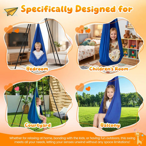 Swing Stand Frame With Sensory Swing And Pod Swing For Kids used in bedroom, children's room, courtyard, and balcony settings.