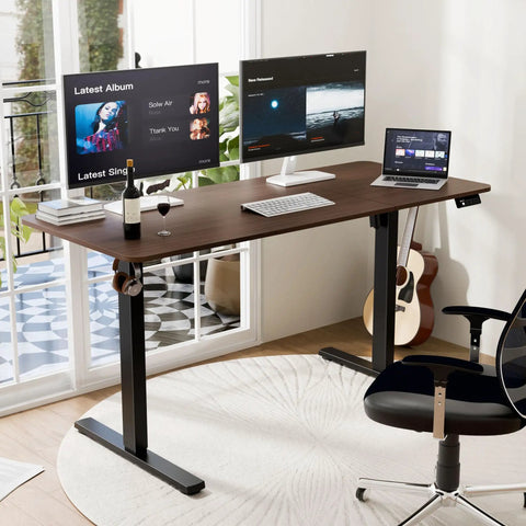 55 Inch By 24 Inches Electric Standing Desk, Height Adjustable Sit Stand Home Office Table With Smooth Motor Touch Controls, Ergonomic Walnut Finish For Better Posture And Comfortable Working in modern workspace with dual monitors.