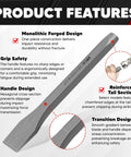 Heavy Duty Cold Chisel Set Three Piece 3/8 1/2 5/8 Inch For Carpentry, Metalworking, Woodworking, And Masonry Work Built For Tough Jobs Chrome Vanadium Steel 54 58 HRC Hardness For Long Lasting Performance shown in infographic highlighting features