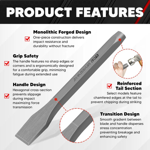Heavy Duty Cold Chisel Set Three Piece 3/8 1/2 5/8 Inch For Carpentry, Metalworking, Woodworking, And Masonry Work Built For Tough Jobs Chrome Vanadium Steel 54 58 HRC Hardness For Long Lasting Performance shown in infographic highlighting features