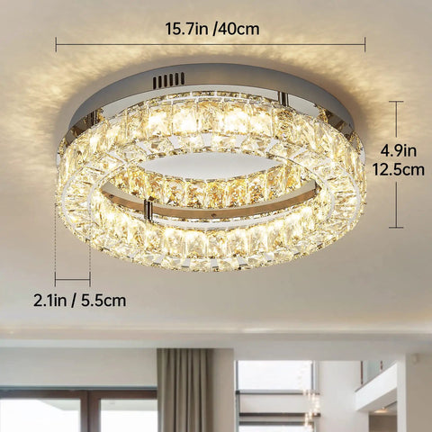 Crystal Chandelier LED Ceiling Light 16 Inch Flush Mount For Hallways, Bedrooms, Kitchen And Closets, Dimmable Warm White 3000K