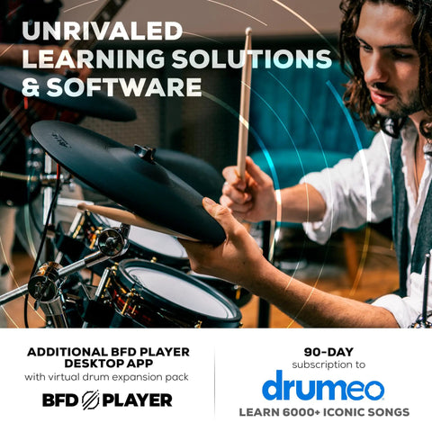 Musician playing Pro Level 8 Piece Electric Drum Set With All Mesh Heads, Gig Ready, Touchscreen Module With BFD Engine