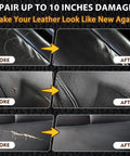 DIY Leather Repair Kit For Car Interiors And Furniture, Vinyl Repair Kit For Sofa Jacket Purse And More, showing before and after leather repair results.