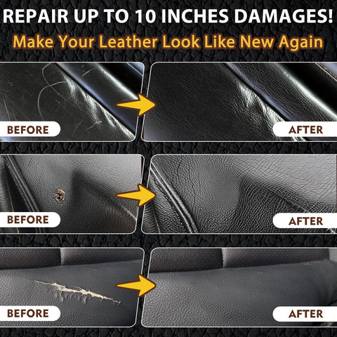 DIY Leather Repair Kit For Car Interiors And Furniture, Vinyl Repair Kit For Sofa Jacket Purse And More, showing before and after leather repair results.