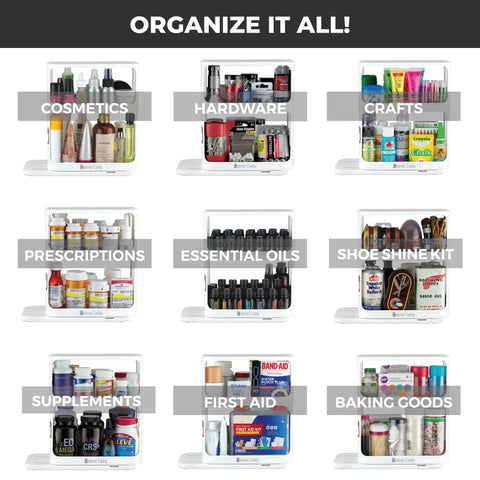 Super Darn Handy Pull And Spin Cabinet Caddy Spice Rack Organizer For Kitchen Pantry Organization Bathroom Medicine Bottles Cosmetics And Small Item Stash Keeping 2 Tier Design showcases various organized items in clear units.