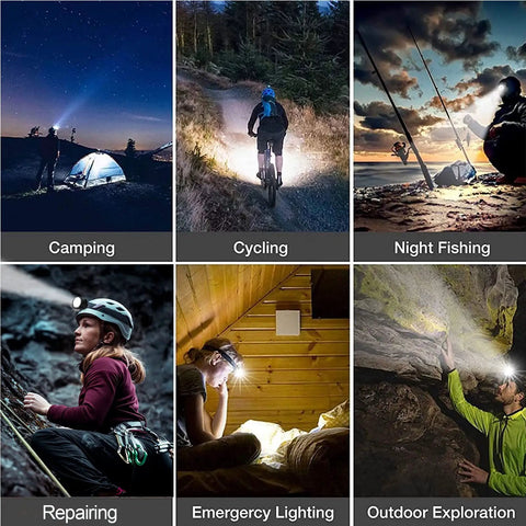 Rechargeable Headlamp for Adults Ultra Bright Long Throw Spotlight Waterproof LED Headlamp With Four Modes And Tail Warning Light For Night Runs Hiking Camping Work And Emergency Use in various activities like camping and night cycling.