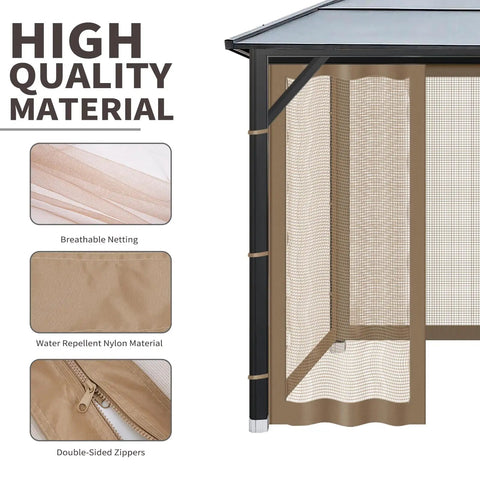 10x10 Gazebo Mosquito Netting Replacement With 4 Panel Screen Walls And Zipper, Durable Polyester, Brown, installed on gazebo