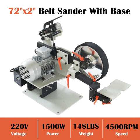 Badass Heavy Duty 2Hp Bench Belt Sander Providing Variable Speed Tuning For Sheet Metal Prep And Knife Crafts With Three Different Abrasive Strips Plus Curved Polishing Wheels 220V, featuring a 72"x2" belt with base and motor.