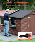 Man installing Tough As Nails 10 X 15 Ft Roll Roofing With 45 Mil EPDM Rubber Membrane on a shed roof.