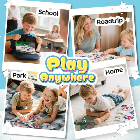 Children playing with Two Themes In One 3D Paper Building Models Kit For Kids Ages 8 To 12 in school, roadtrip, park, home settings.