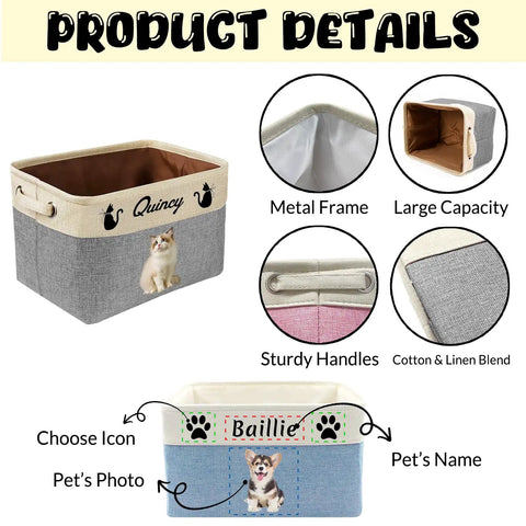 Personalized Pup Toy Bin With Name Foldable Blue Organizer For Dogs And Cats featuring pet's photo and name, durable handles