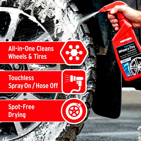 Foaming Wheel And Tire Cleaner For Cars Safe On Factory Coated Wheels Thick Foam Lifts Brake Dust And Grime Cleans Wheels And Tires At Once 24 Oz Great For Everyday Detailing And Wheel Care At Home Or Shop. red spray bottle cleaning foamy wheel