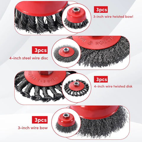 Close-up of 3-inch and 4-inch wire brush components in 12 Piece Angle Grinder Wire Brush Kit Pro Grade Heavy Duty Carbon Steel.