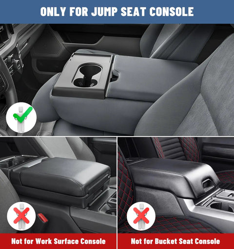 Ford Jump Seat Center Console Organizer Front Armrest Tray for 2011-2025 trucks in front seat with compatibility shown