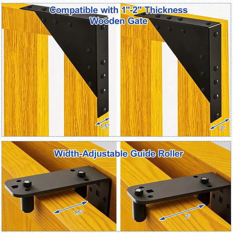 Heavy Duty Sliding Gate Hardware Kit With Smooth Silent Roll Wheels For 1 To 2 In Wood Frames, Anti Sag Corner Brackets, Ideal For Deck Driveway Porch Or Yard Gates. black corner bracket and guide roller for 1.5 in to 2 in wood gate