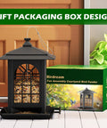 Two Pack Outdoor Hanging Bird Feeders With One Minute Easy Assembly Classic Courtyard Design Attract Cardinals Chickadees Goldfinches Sparrows Total Seven Pound Capacity Black, shown with gift packaging box design.