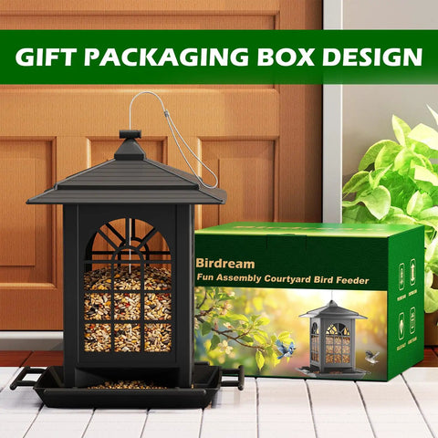 Two Pack Outdoor Hanging Bird Feeders With One Minute Easy Assembly Classic Courtyard Design Attract Cardinals Chickadees Goldfinches Sparrows Total Seven Pound Capacity Black, shown with gift packaging box design.