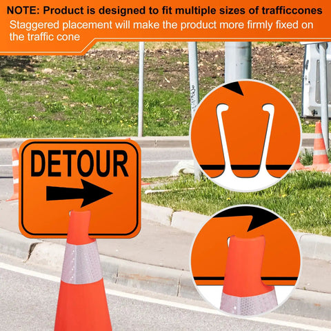 Knock It Out At Job Site With This Bulk Pack Of Six Traffic Cone Arrow Signs featuring a DETOUR sign on a traffic cone.