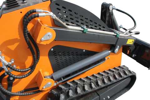 Side view of 23 HP Mini Skid Steer Loader With Bucket And Pallet Forks For Garden And Yard Work Farm Jobs Parks Roads And Construction Sites EPA