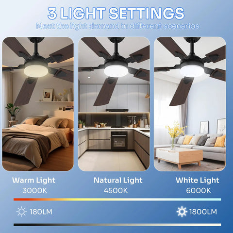 52 Inch Modern Ceiling Fan With Lights And Remote Control shown in warm, natural, and white light settings in different rooms.