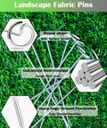 Pack Of 50 Landscape Staples With Pick Hook 6 Inch Galvanized Garden Pins For Weed Fabric Lawn Tent Yard And Sod Flexible Steel Stakes That Are Tough As Nails For Uneven Ground Rust Resistant Reusable And Easy To Use displayed on grass with detailed features.