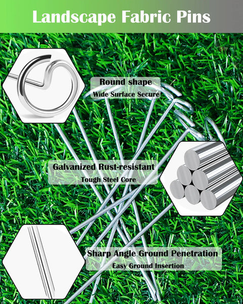Pack Of 50 Landscape Staples With Pick Hook 6 Inch Galvanized Garden Pins For Weed Fabric Lawn Tent Yard And Sod Flexible Steel Stakes That Are Tough As Nails For Uneven Ground Rust Resistant Reusable And Easy To Use displayed on grass with detailed features.