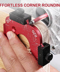 Close-up of 2 Pack Router Corner Radius Template Kit in use, rounding wood corner with aluminum jig, compatible with handheld routers.