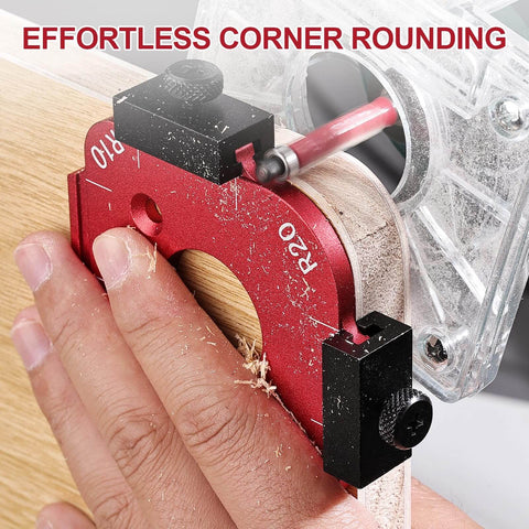 Close-up of 2 Pack Router Corner Radius Template Kit in use, rounding wood corner with aluminum jig, compatible with handheld routers.