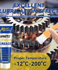 Do It All White Lithium Grease with Brush for hinges, bearings, gears, shown with temperature range -12°C to 200°C.