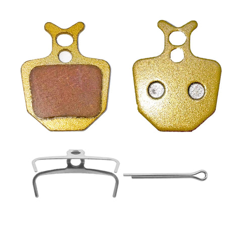 Metal Disc Brake Pads For Electric Bikes Fits Jetson Haze Formula ORO K18 K24 Bianco Giant DA6 DA7 DA8 Clarks VX833, front and back view.