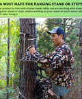 Hunter using Tree Climbing Linemans Belt For Hunting With One Hand Adjustable Length And Safety Tether Set on tree stand