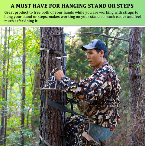 Hunter using Tree Climbing Linemans Belt For Hunting With One Hand Adjustable Length And Safety Tether Set on tree stand