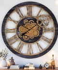 36 Inch Oversized Wall Clock With Real Moving Gears Vintage Industrial Decor Rustic Farmhouse Accent Piece Black Wood Bronze Finish front view with exposed gears.