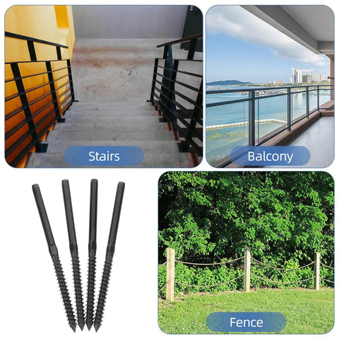 Four Pack Premium Stainless Steel Cable Railing Hardware Kit Featuring Threaded Wire Rope Terminals and Heavy Duty Locking Cable Tensioners for stair, balcony, and fence use.