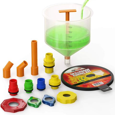 Spill Proof Radiator Coolant Filling Funnel Kit With 5 Inch Extension Bar And 45 Degree Elbow For Reaching Tight Caps, Prevent Spills And Air Pockets, Color Matching Caps For Adapters, Quick Clean Cooling System Fills