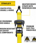 Heavy Duty Ratchet Tie Down Straps 1.5 Inch by 16 Foot, 1100 Lb Safe Working Load and 3300 Lb Break Strength, 2 Pack, Black Yellow, features