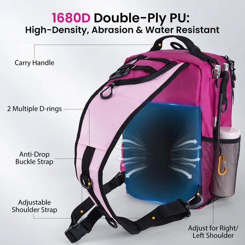 Pink Fishing Tackle Sling Bag With Rod Holder Ultra Durable 1680D Water Resistant Material Side View with Features