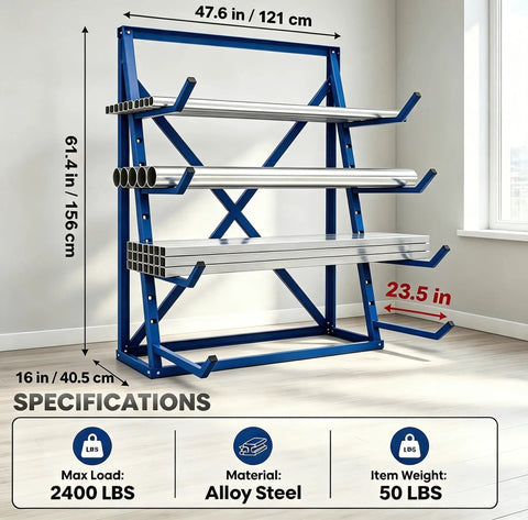 Beast Mode Cantilever Storage Rack Four Tier Steel Frame Supports Two Thousand Four Hundred Pounds For Lumber Pipes Metal Sheets And Garage Workshop Setup