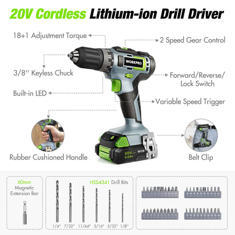20V Cordless Drill Driver Set With 157 Piece Home Tool Kit Including Drill Bits Sockets And Screwdrivers Plus A 14 Inch Wide Mouth Storage Bag For Easy Home Repairs Green Great For Home Projects And Quick Repairs showcasing drill features.