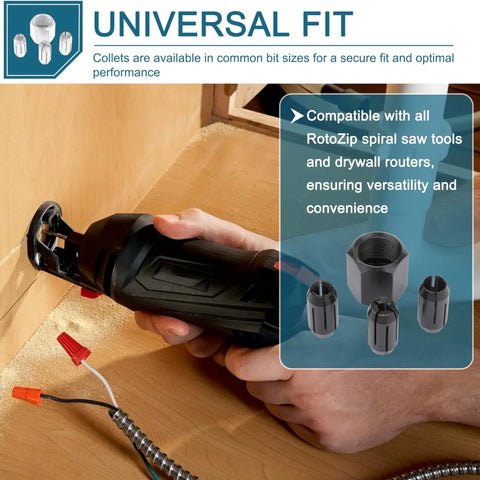 Replacement Collet And Nut Kit For RotoZip Spiral Saw Tools And Drywall Routers Includes One Eighth Inch Collet One Five Thirty Second Inch Collet And One Quarter Inch Collet With Nut displayed alongside a spiral saw in use, highlighting compatibility and universal fit.