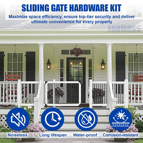 Heavy-Duty Galvanized Steel Sliding Gate Kit With One-Piece Safety Lock, Anti-Sag Design And Smooth Silent Rollers on patio