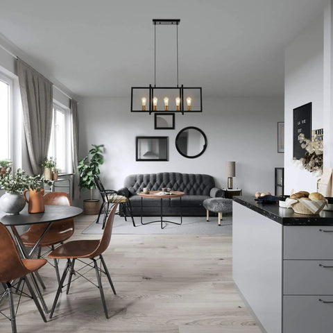 Sleek Five Light Kitchen Island Pendant Light Fixture, Industrial Chandelier Style in Matte Black with Antique Brass Finish