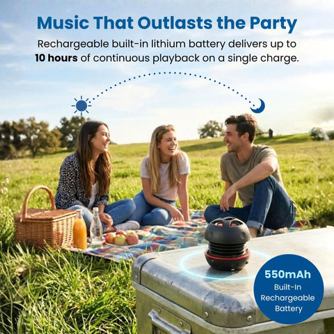 People enjoying music at picnic with Ultra Portable Tiny But Mighty Mini Bluetooth Speaker With 3.5mm Aux Input Black Ready To Rock.