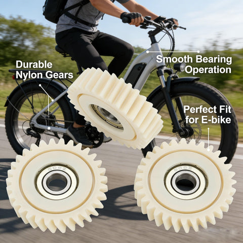 Three Pack 31T Spiral Bevel Gear Set For Bafang Hub Motors 41.5x11mm with nylon construction shown on e-bike background