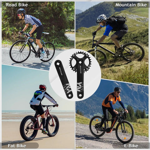 Mountain Bike Crankset 170mm Square Taper 104 BCD 30T Narrow Wide Round Chainring shown with various bike types