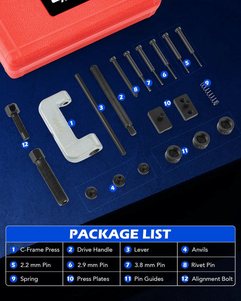 Front view of Orion Motor Tech 19-pc chain breaker kit with C-frame press, anvils, pins, and red case.